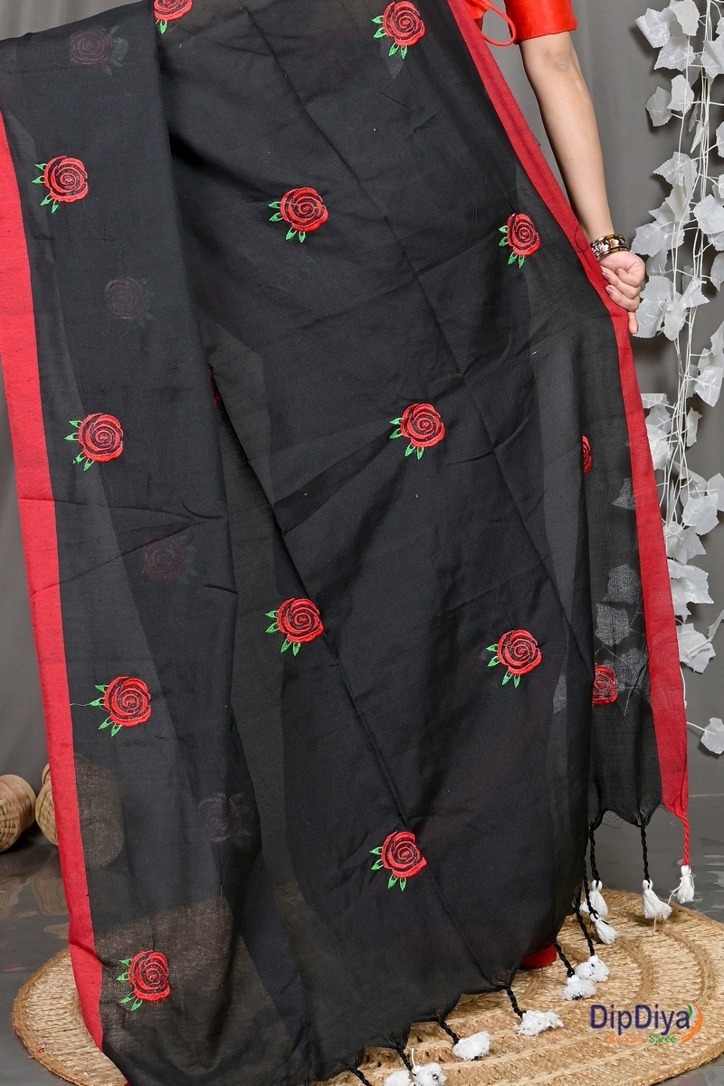 Black Pure Cotton Parag Embroidery Handloom saree (208)